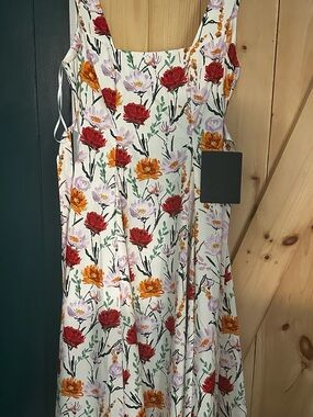 Lulu's White Floral Midi Dress with Red and Orange Blooms